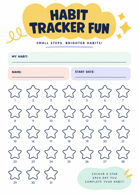 Habit Tracker Fun sheet with 31 stars to colour